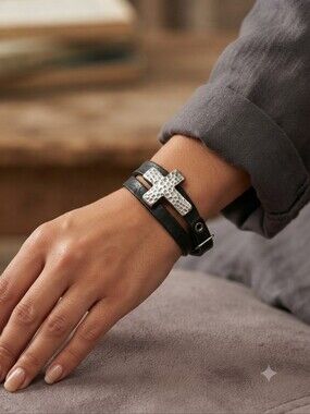Premier Designs Black Wrap Bracelet with Hammered Silver Cross